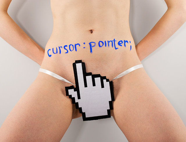 Kreslená ruka ukazující na nápis cursor pointer na ženském těle