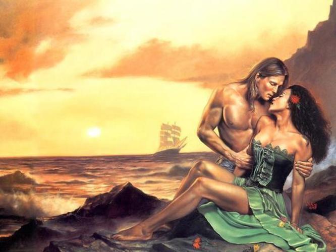 Animace romantické dvojice sedící na pláži