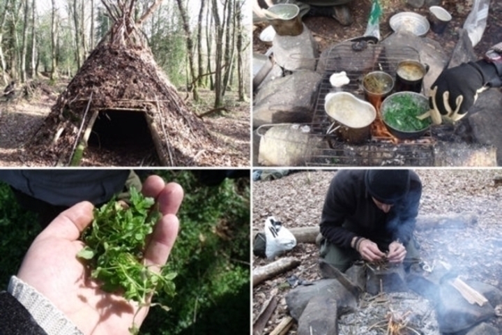 Kurz přežití v divočině Detailní čtyři fotografie zachycující život v lese