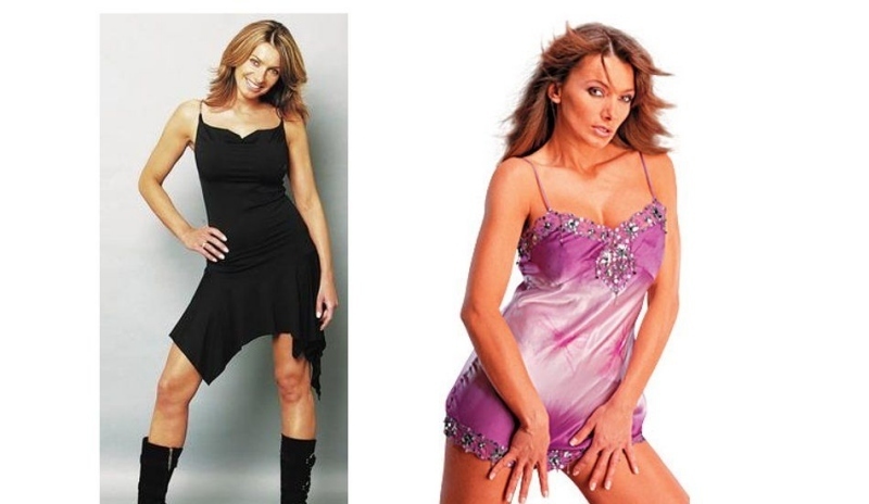 Alice Bendová na dvou fotografiích-vlevo v černých šatech vpravo v sexy fialové košilce