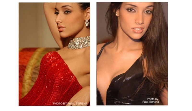 Amelia Vega v červených a černých šatech