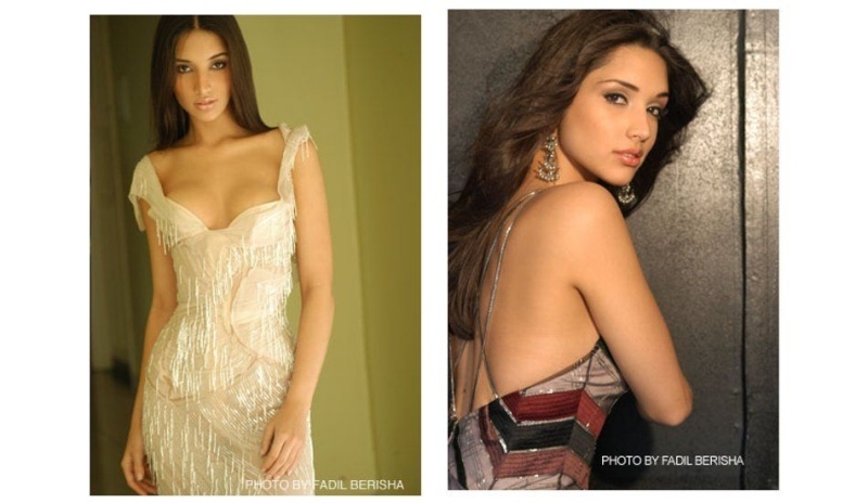 Amelia Vega na dvou fotografiích v šatech