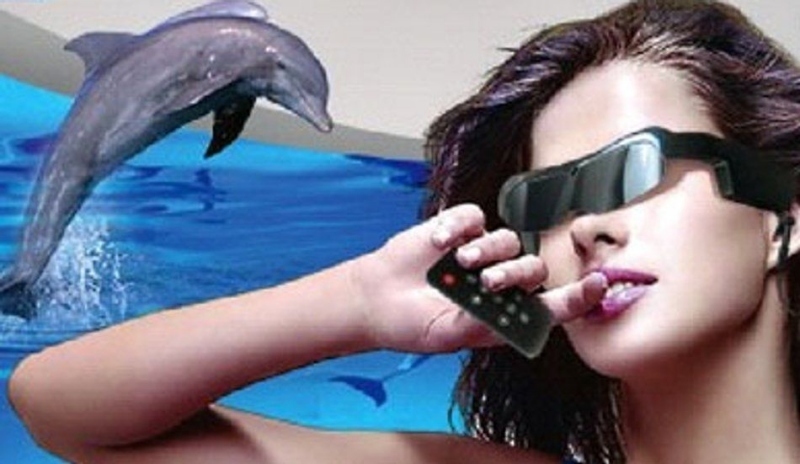 Žena ve slunečních brýlích s delfínem v pozadí